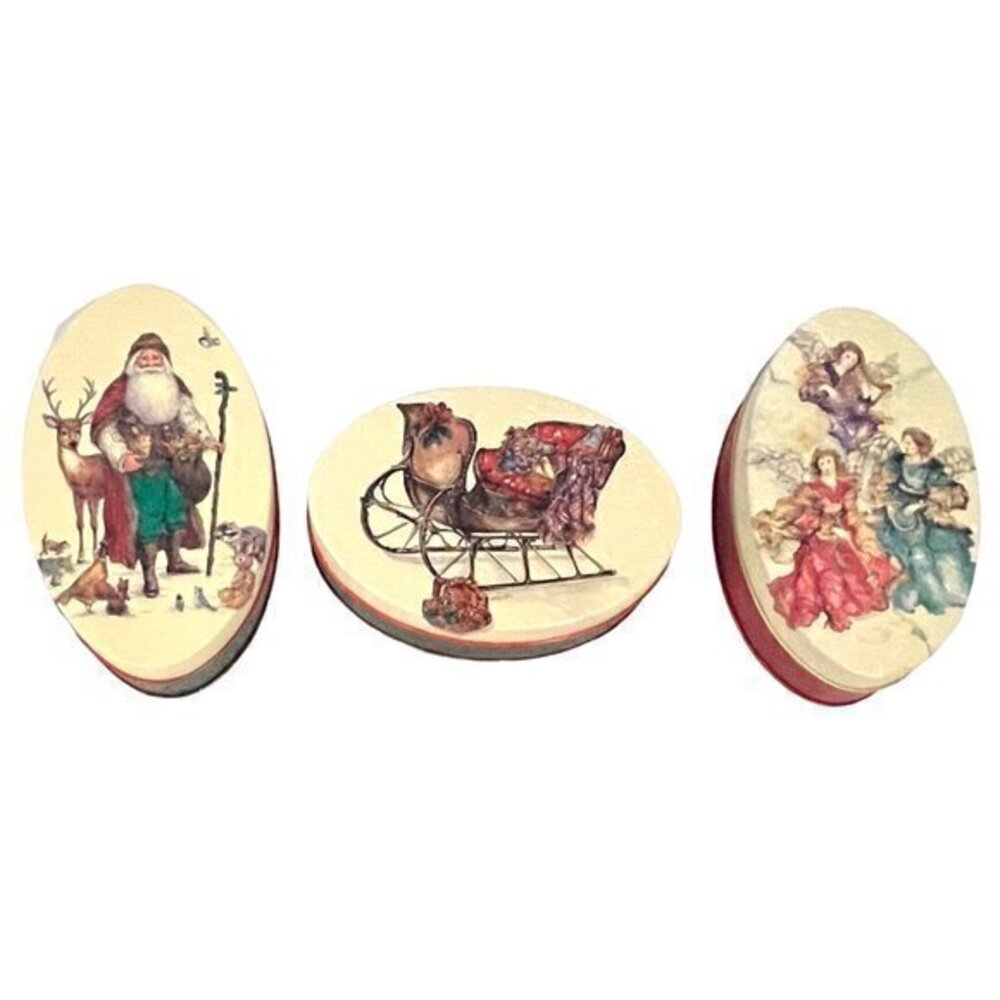 Rare 1992 Potpourri Press Christmas Tins‎ ANGELS SANTS SLEIGH 5.5x3.5 in EUC